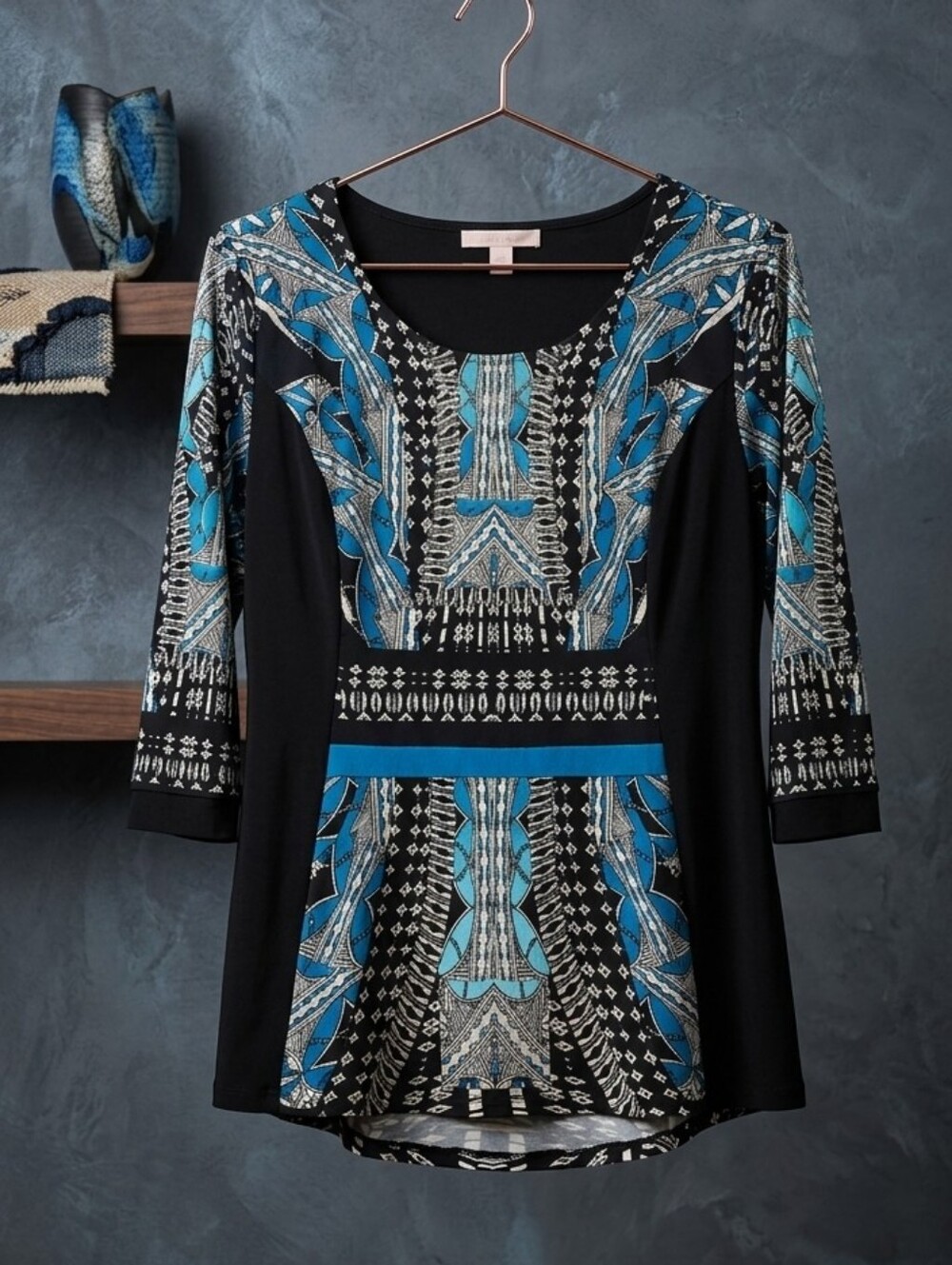 Valerie Stevens Black Tunic with Blue & Cream Geometric Print